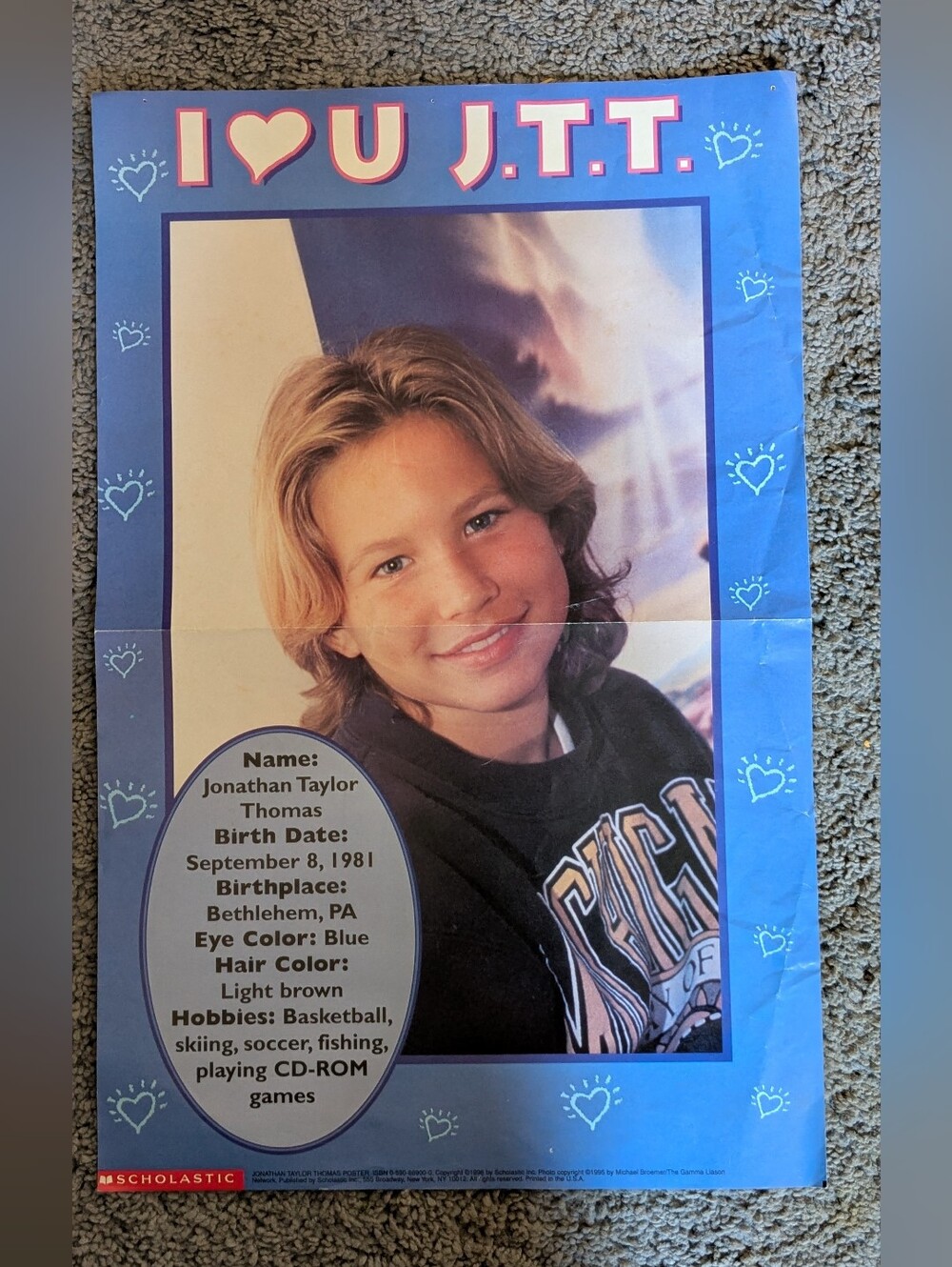 Vintage Scholastic Blue and Pink "I ♥ U J.T.T." Poster Jonathan Taylor Thomas
